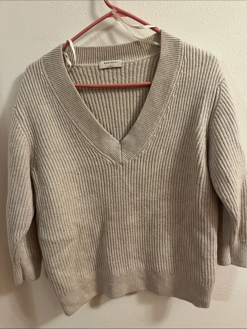 Babaton Taupe Ribbed V-Neck Sweater